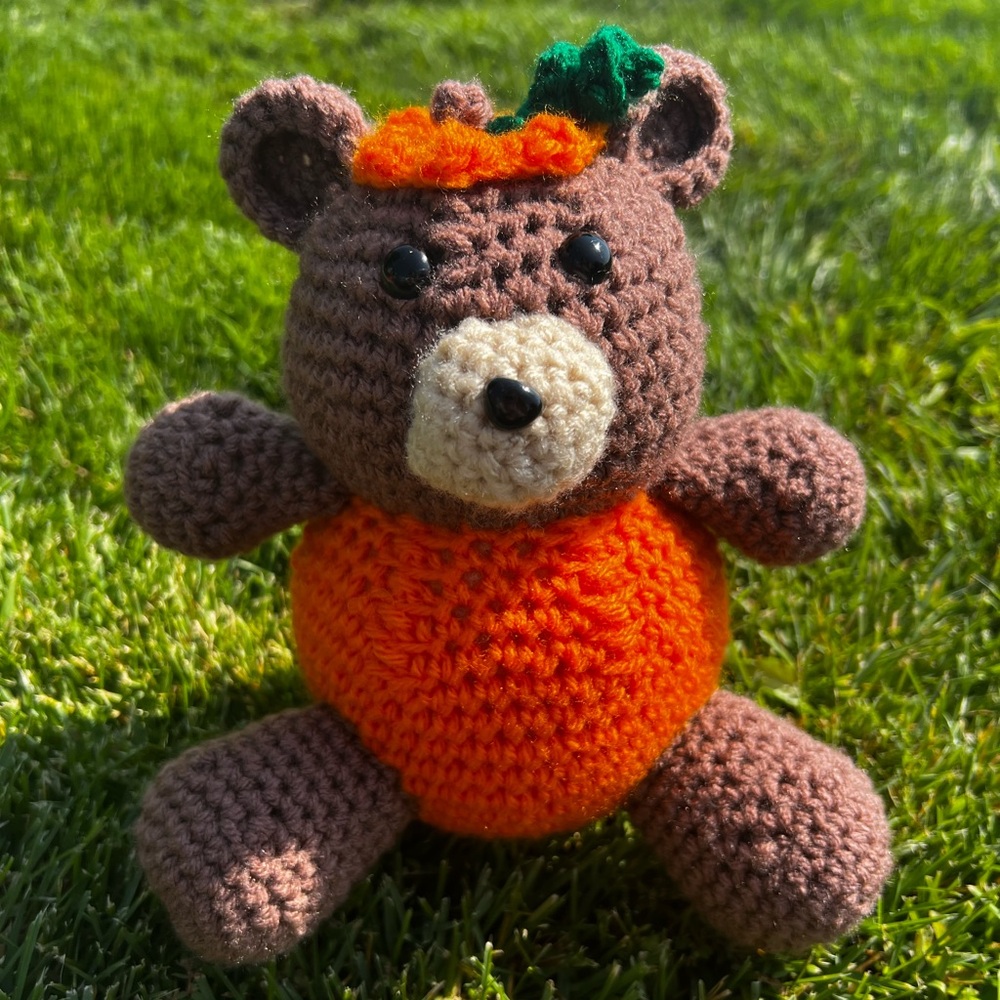 Hand Crocheted Halloween Pumpkin Teddy Bear Decor Piece Plushie!